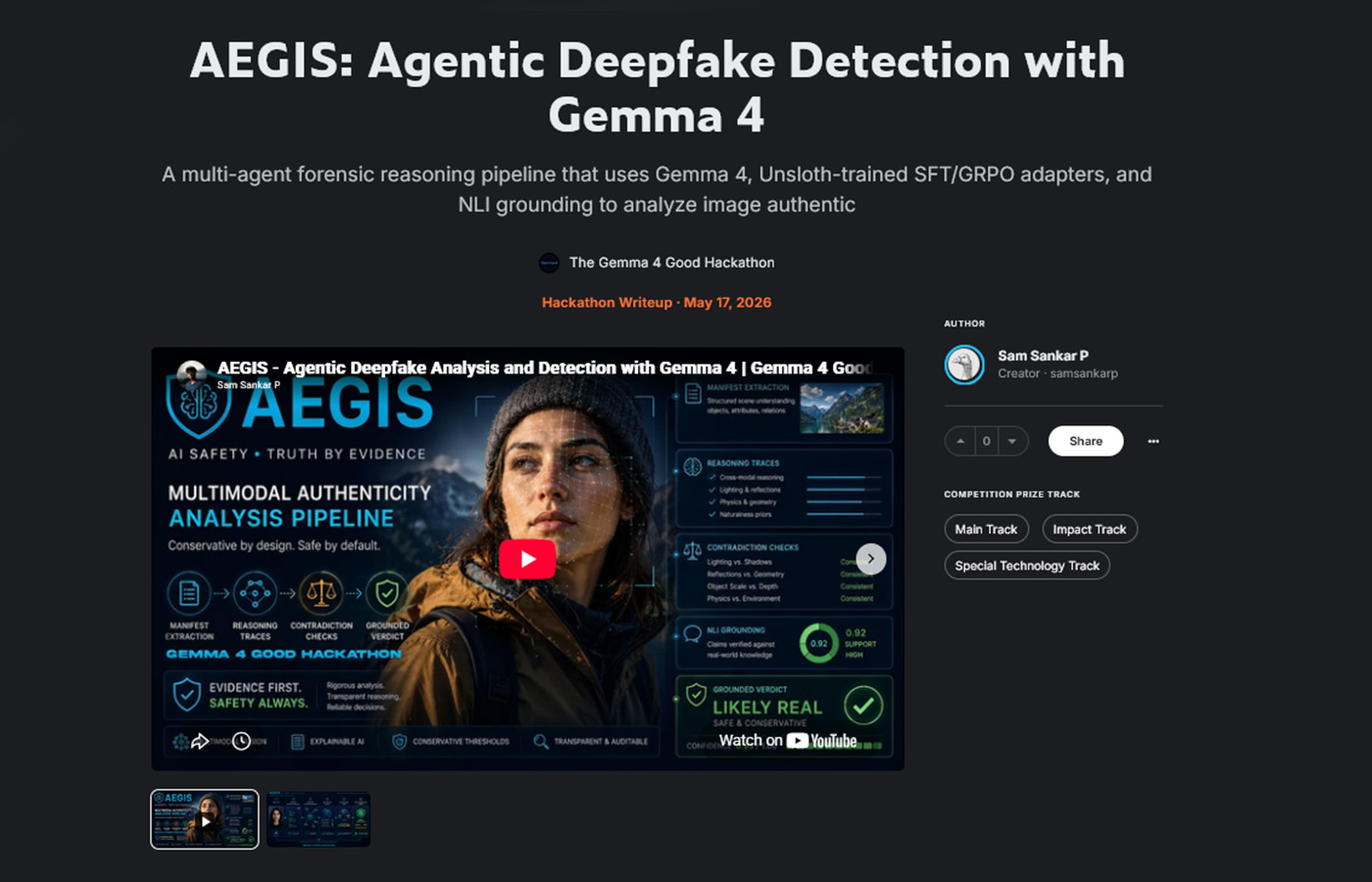 Kaggle notebook page for AEGIS showing the agentic deepfake-detection project and its implementation cells.
